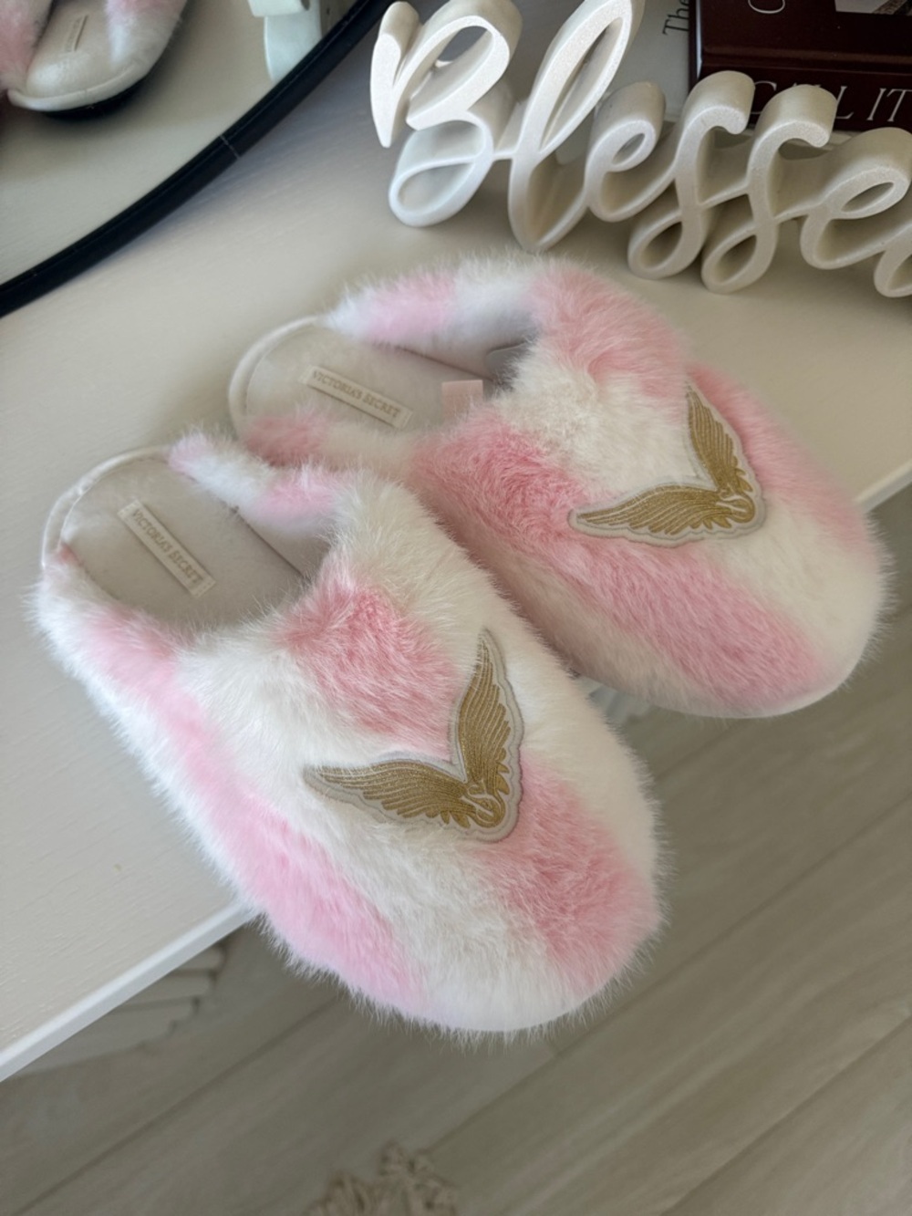 Victoria's Secret Pink and White Fuzzy Slippers with Gold Wing Patch
